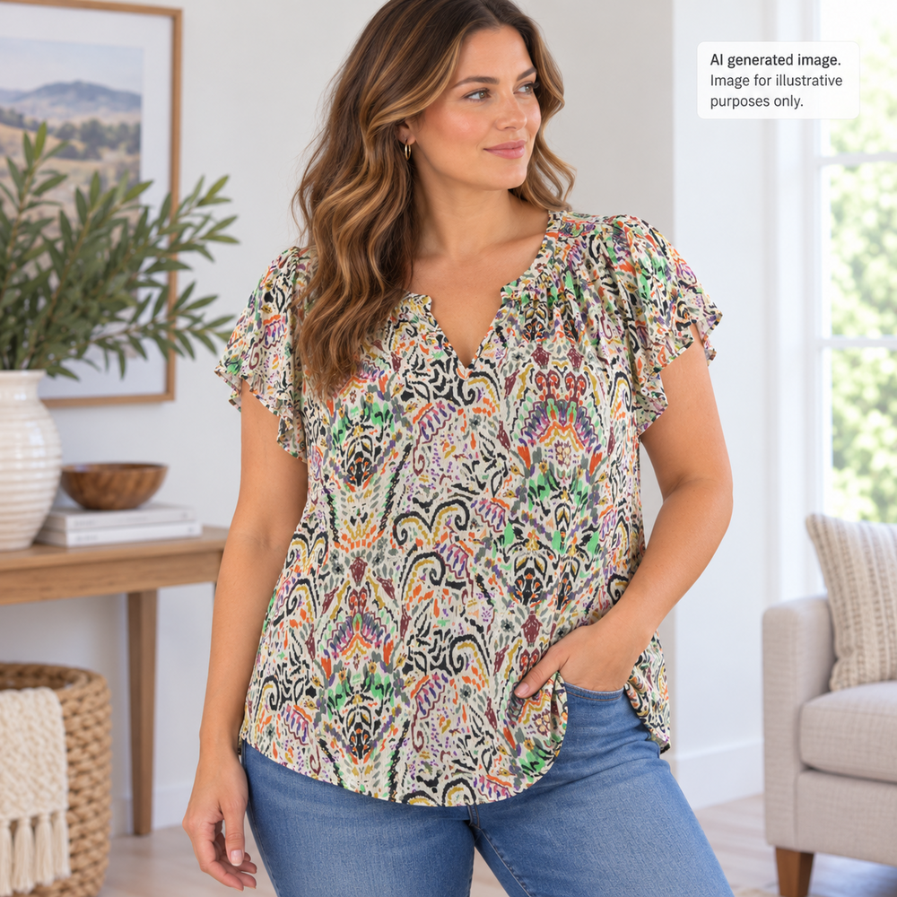 Rachel Zoe Blouse Womens Large Multicolor Ikat Metallic Boho Top Short Sleeve